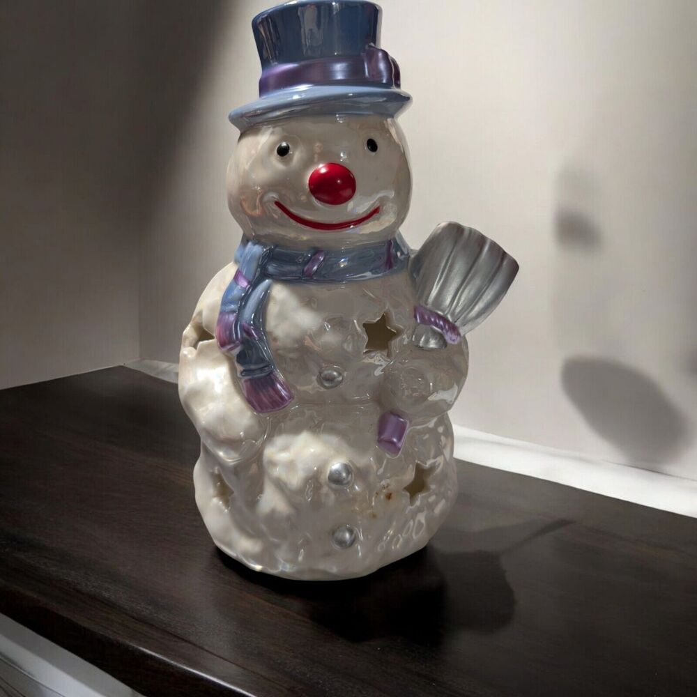 Iridescent Snowman Tea Light Votive Holder Star Cutouts 8" Tall